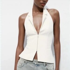 White Halter Zip-Up Top
